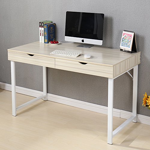 Dland Home Office Computer Desk with 2 Drawers 858-MW, Composite Wood Board with Metal Frame, Maple White Leg, 47" Medium Size, 1 Pack