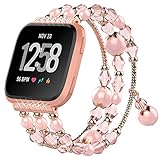 CreateGreat for Fitbit Versa Bands, Stainless Steel Metal Replacement Wristbands Bling Adjustable Fitbit Versa Accessories Pearl Bracelet Strap