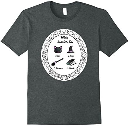 Mens Witch Starter Kit Standard Shirt with cat, hat, broom &amp; book 3XL Dark Heather