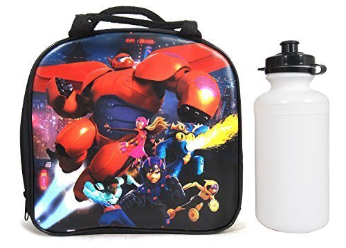Disney Pixar Big Hero 6 Lunch Bag w/ Water Bottle & Adjustable Strap Hiro, Baymax, Tomago, Fred, Wasabi, & Honey Lemon (Black) by LaLShop
