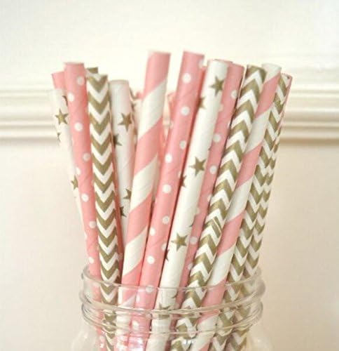 Promices 100pcs Gold and Pink Paper Straws- Colored Drinking Straw Birthday Party Wedding Baby Shower Cake Pop Sticks Christmas