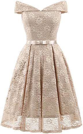 Aibwet Elegant Vintage 1950s Style Bridesmaid Dresses Bow Floral Lace Off Shoulder Slim V Neck Cocktail Party Formal Swing Dress (XXL, Beige_0)