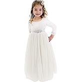 MCieloLuna Girls Lace Long Sleeve Flower Girl Dress Wedding Party O-Neck Puffy Tulle First Communion Dresses