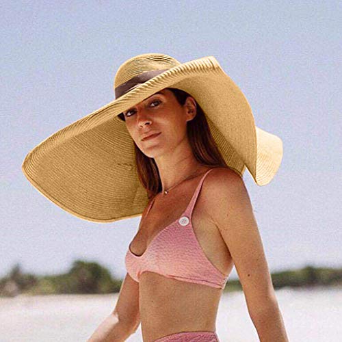 Duseedik Women Large Sun Hat Beach Anti-UV Sun Protection Foldable Straw Cap Cover (Coffee 1) - Thumbnail 2