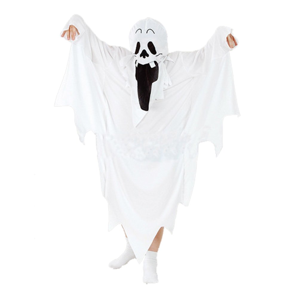 ITODA Halloween Ghost Costume with Full Head Cover Adults White Cosplay Robe Horror Costume Outfit Zombie Cloak Spooky Ghastly Ghost Funny Halloween Fancy Dress Party Supplies for Women Men