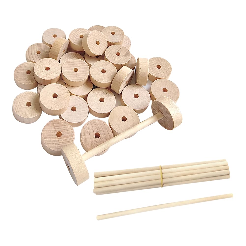 JIHUOO 30 Pcs Unfinished Wooden Wheels Small Craft Wheels Flat Model Car Wheels Wood Crafting Supplies with 15 Pcs Wooden Sticks