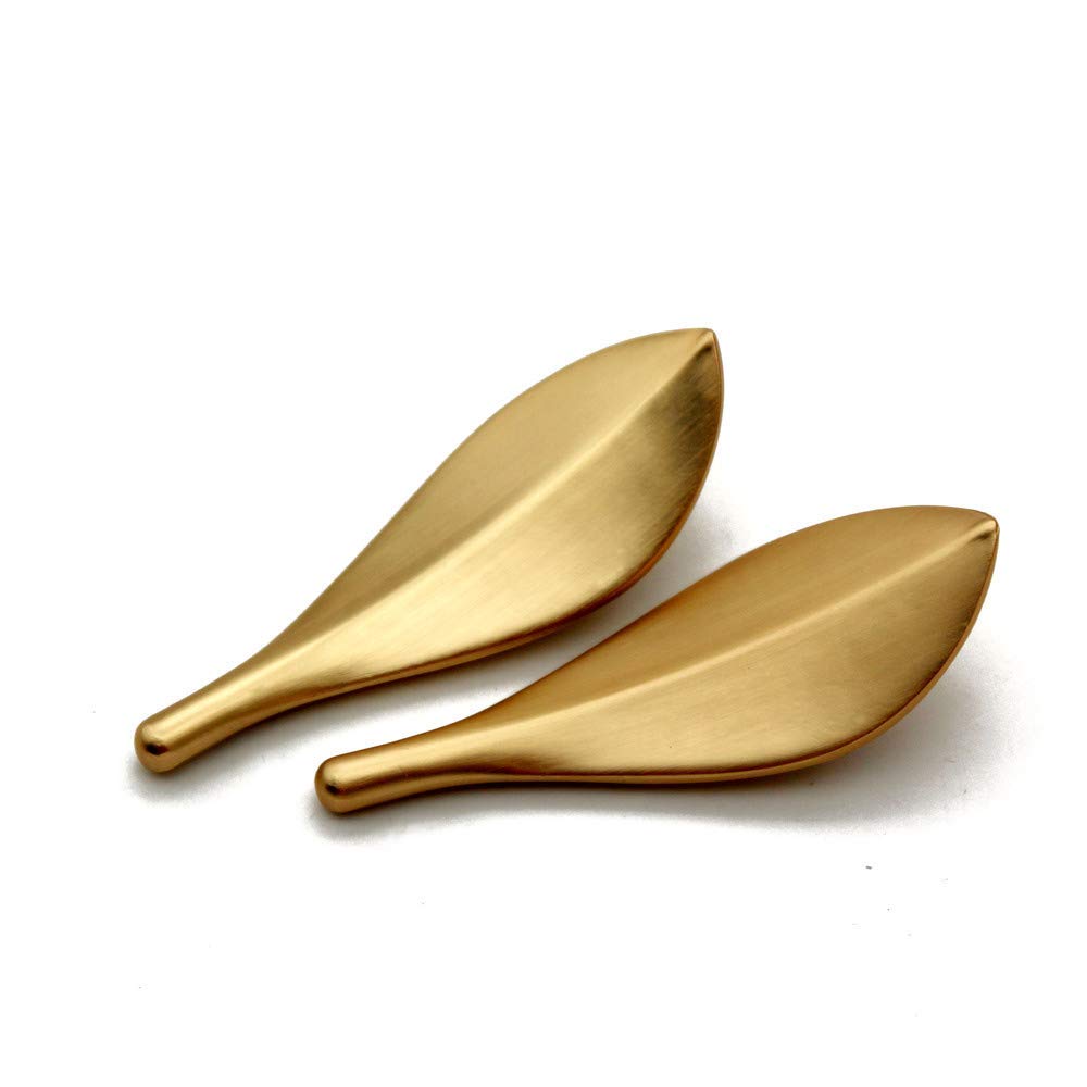 Mou 6Pcs Golden Leaf Knobs Handles Pulls, Fashion Art Deco Style Leaf-Shaped Cabinet Wardrobe Door Pulls, Two-Hole Knobs