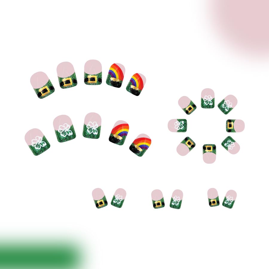 24Pcs St. Patrick's Day Press on Nails Short Square Green Glitter Tip Fake Nails Four Leaf Clover Stick on Nails With Glue on Nails Artificial Nails False Nails Holiday Gift False Nails for Women - Image 5