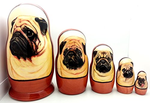 Pug nesting dolls Russian Hand Crafted 5 piece matryoshka dog Set / 7"H
