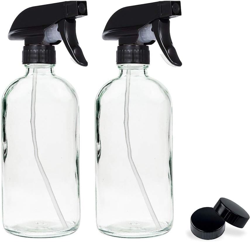 UMISKAM 2 Pcs Empty Glass Spray Bottles Refillable Container for Essential Oils,Cleaning- Durable Trigger Sprayer with Mist Stream Settings (2 * 250ML, Clear)