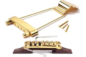 Ogdni 6 String Guitar Trapeze Tailpiece Bridge and Roller Tune-O-Matic Saddle Bridge for Jazz Archtop Guitar Replacement, Gol