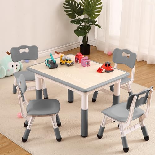 Garvee Kids Table and 4 Chairs Set, 5-Piece Height Adjustable Toddler Table with Graffiti Wipe-Clean Desktop, Non-Slip Legs & Storage Organizer, Preschool Activity Desk for Ages 2-6