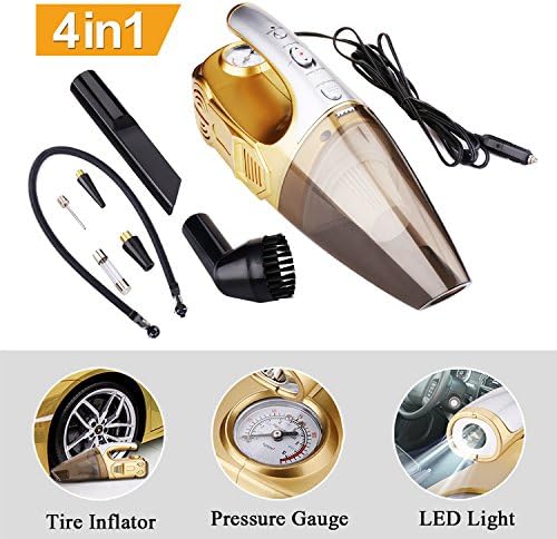 4-in-1 Car Vacuum Cleaner ,Tire Inflator, Tire Pressure Gauge with Bright Led Light , Napoer High Power Portable Handheld Vacuum for Car, Wet/Dry 12V 120W,16.4Foot(5M)Power Cord with Carry Bag