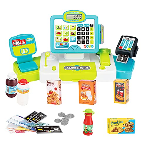 Kids Cash Register with Scanner, Microphone, Play Money, Play Food and