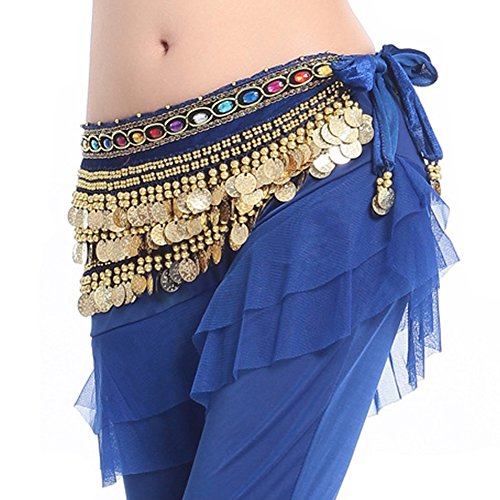 MUNAFIE Belly Dance Coins Belt Hip Skirt Scarf with Gold Coins Navy Blue
