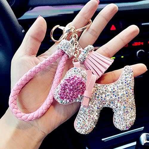 Fhtmty 信用 かわいい手作りクリスタル犬キーホルダー革 編みストラップバッグペンダント装身具ラインストーン動物のタッセルキーチェーン車のキーリングギフト