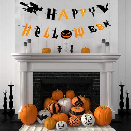 Charlemain Happy Halloween Banner zuammen mit Buchstaben, Fliegenden Hexe, gruseligen Fledermaus, Dekortations für Halloweenparty, Halloween Deko(3Meter)
