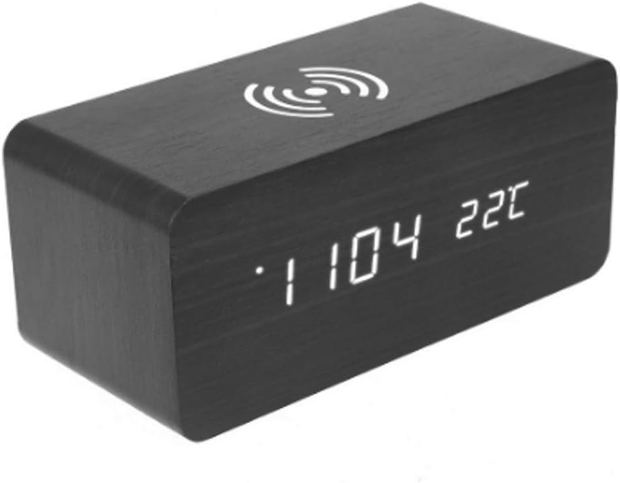 LMSHM Alarm Clocks Led Electronic Voice Control Wooden Alarm Clock Natural Touching Feel Fresh Visual Experience Support Wireless Charging,A