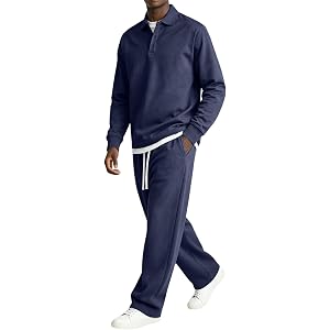Vividcrate Mens Track Suits 2 Piece Set,Fall Winter Outfits Long Sleeve Button Polo & Drawstring Sweatshirt Set