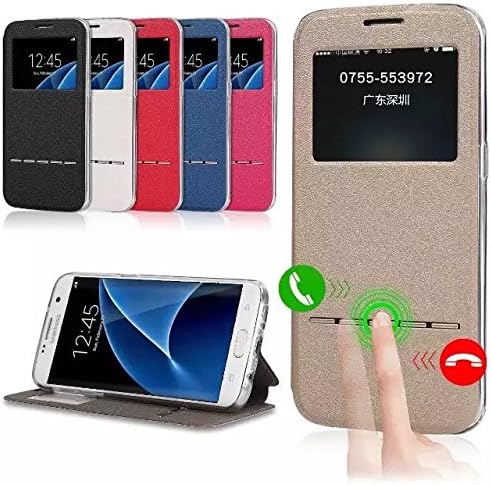 New &amp; Elegant Smart Metal Sliding Answer Phone Cover Big Window Filp Case, Flip Folio [Kickstand Feature] PU Leather Smart Case For Apple Iphone 5/5s/SE (Gold)