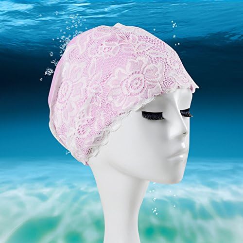 Women Swim Cap,Pink Lycra Long Hair Lace Flower Swimming Bathing Cap for Thick Hair Adult Women Girl Lady