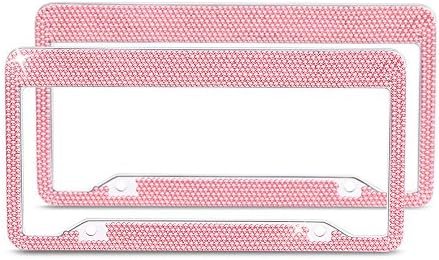 2 Bling Bling License Plate Frame for Woman, Rhinestone License Plate Frame for Girl with 2 Holes, Pink