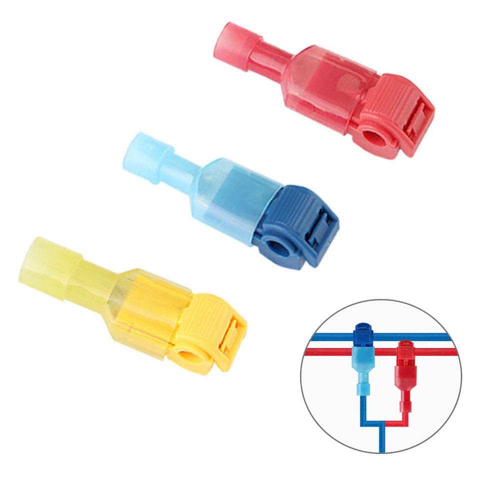 Aiqeer 100 Pcs (50 Pairs) T-Tap Self-Stripping Electrical Connectors Set, Quick Splice T-Tap Wire Terminal Block, Fully Insulated Male Spade Connector (Red, Blue, Yellow)