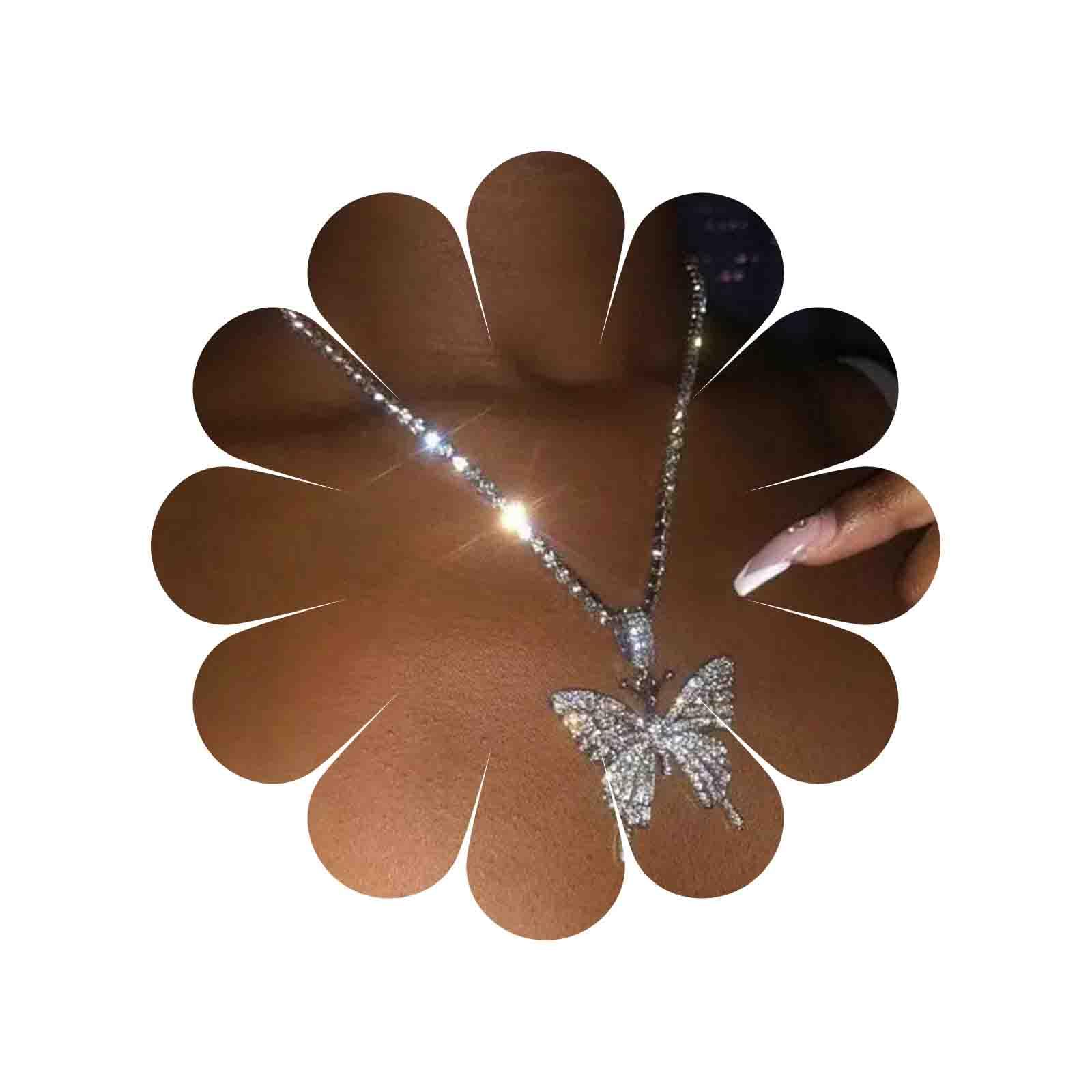 Yienate Crystal Butterfly Necklace Choker Silver CZ Rhinestone Tennis Chain Sparkly Large Butterfly Pendant Necklace Charm Bling Crystal Butterflys Prom Necklace Jewelry Gift for Women