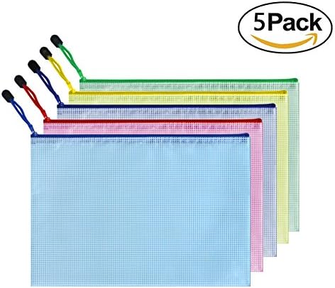 Ofilon Zipper Envelope Pouch, Pack of 5, 5 Colors Water -resistant PVC Zippered File Bags for Women, Men Organizer Office Document, Bill, Pen, Memo, Cosmetics, Toys, Travel Accessories (A4 13.2"x9.5")