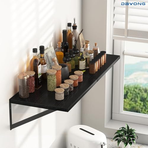 DAYONG Deep Wall Mounted Floating Shelf, 16W x 12D Rustic Wood Floating Shelves with Metal Brackets, Set of 2 Hanging Shelf for Kitchen, Living Room, Bathroom and Bedroom Decor (Black)