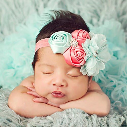 Aqua and Coral Headband, Handmade The Fairy Factory Flower Girl (Headband) or Hair Clip with Crystal Rhinestone Centers- Aqua & Coral