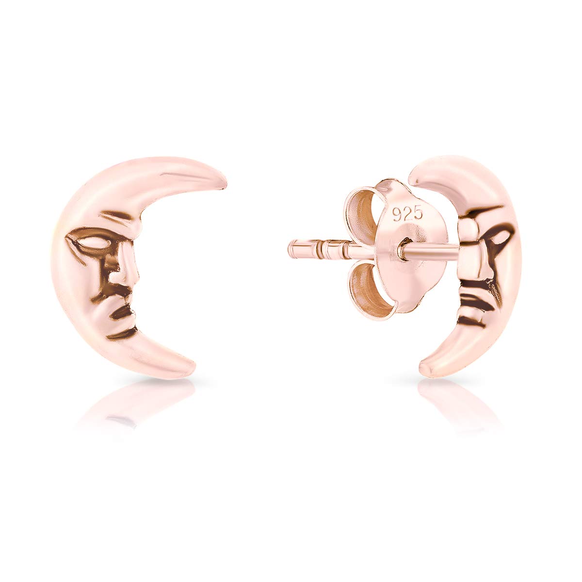 DTPsilver® SMALL 925 Sterling Silver Rose Gold Plated Studs Earrings - Man in the Moon - Dimension: 6 x 9 mm