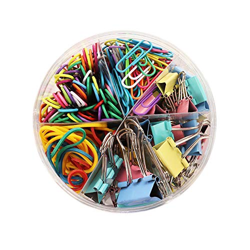 Neworkg 240 Pcs Muticolor Office Clips Set, 3 Sizes Binder Clips, 4 Colors Rubber Bands, 2 Sizes Paper Clips, Paper Clamps with Box for Office & School Supplies