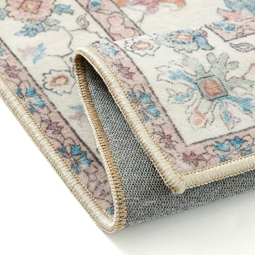 PureCozy Rugs Living Room 200x300cm Beige Washable Non Slip Large Vintage Area Bedroom Rug Bedside Nursery Lounge Office Playroom Indoor Big Carpet Low Pile Carpets Retro