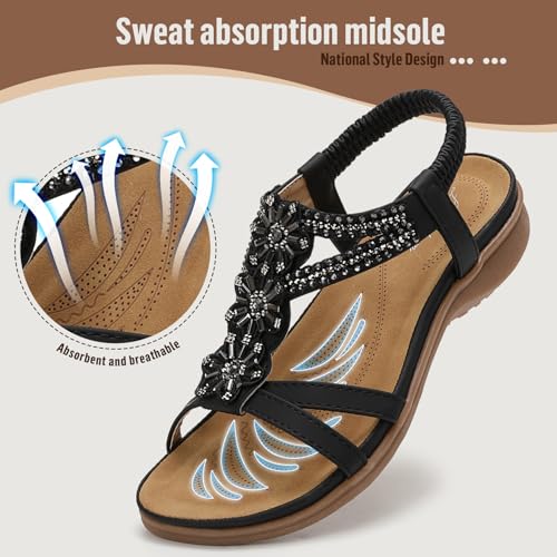 Littleplum Women's Flowers Arch Support Sandals Summer Fashion Non-Slip Beach Comfort Walking Bohemian Flat Sandals
