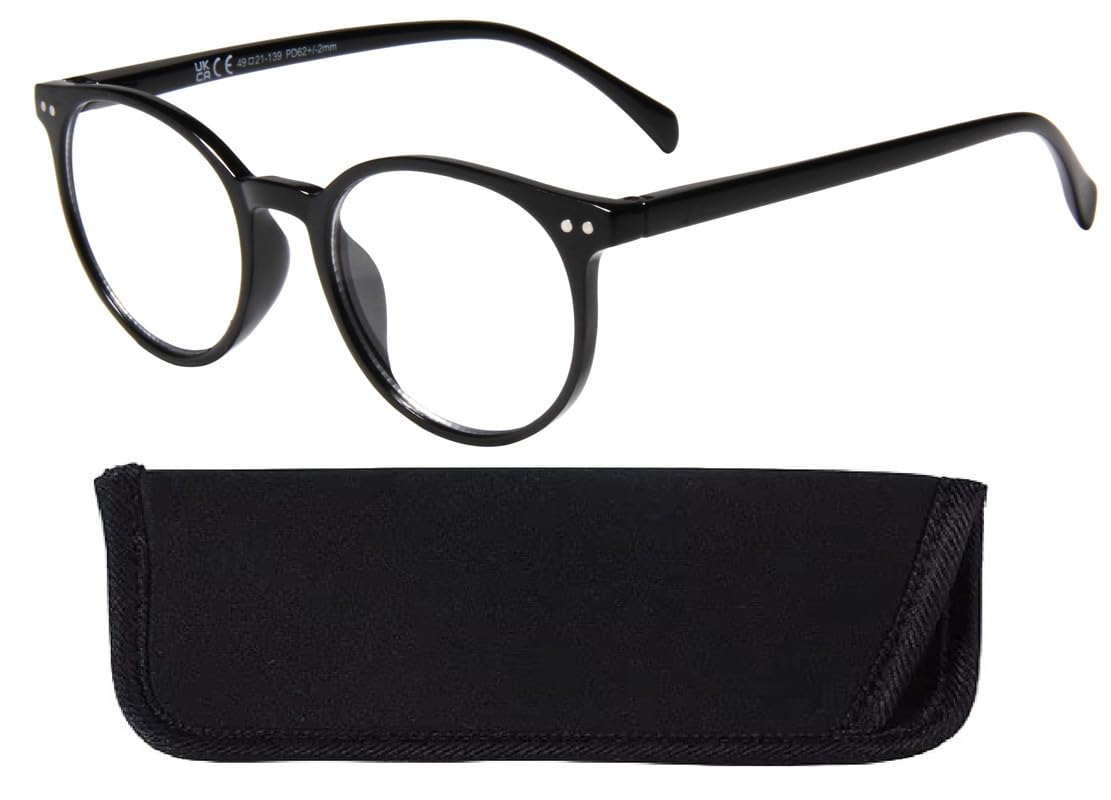 Bifocal Reading Glasses Round Designer Black Frame Spring Hinges Mens Womens & Case +2.50 | ZA33BF