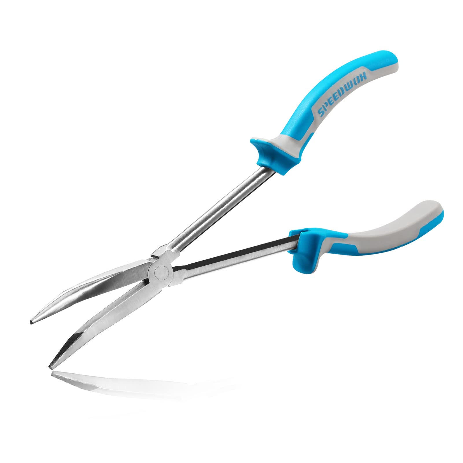 SPEEDWOX Long Reach Bent Nose Pliers 11 Inches 30 Degree Precision Fine Pliers for Mechanics Technicians Contractors High Leverage Professional Tool Non-Slip TPR Handle Serrated Jaws