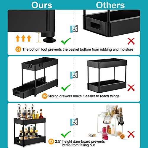 Under Sink Organizers and Storage, Vutlue 2 Tier Stackable Under Sink Cabinet Organizer with Sliding Storage Drawer and 4 Hooks, Multi-Purpose Pull Out Under Sink Organizers for Bathroom, Kitchen