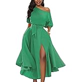 LILYIN Women’s Elegant Off Shoulder Short Sleeve Belted Side Slit Cocktail Party Swing Dress with Pockets