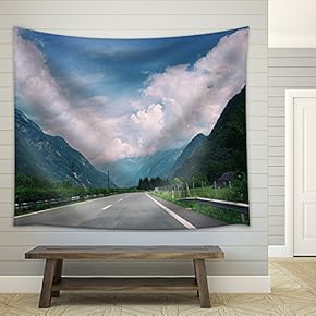 Road in Mountain Areas Under White Clouds - Fabric Wall Tapestry Home Decor - 51x60 inches