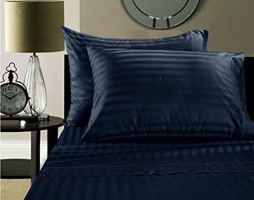 Fab Linens Luxury 100% Egyptian Cotton 500 Thread Count Damask Stripe Sheet Set Queen Navy Blue