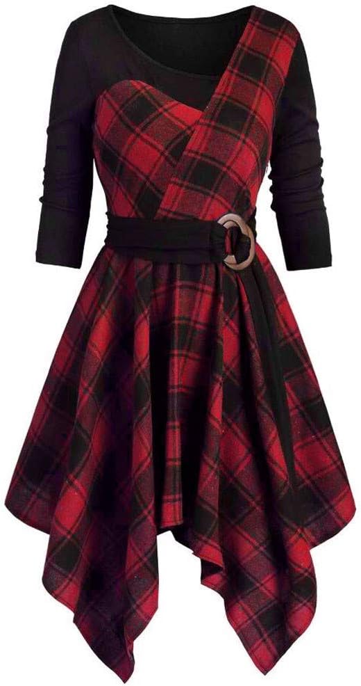Cold Shoulder Plus Size Plaid Skew Neck Belted Dress Waist Ruffled Irregular Long Sleeve Dresses