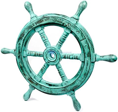 Nagina International Nautical Handcrafted Wooden Ship Wheel - Home Wall Decor (18 Inches, Antique Green)