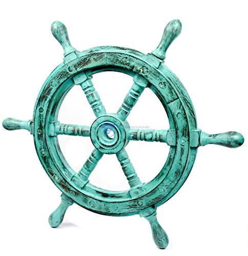 Nagina International Nautical Handcrafted Wooden Ship Wheel - Home Wall Decor (18 Inches, Antique Green)
