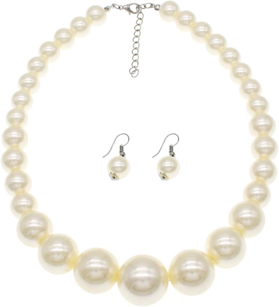 MeliMe Big Faux Pearl Necklace for Women Chunky Pearl Necklace and Earrings Set 1920s Costume Wedding Pearl Jewelry