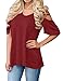 LILBETTER Women's V Neck T Shirts Casual Loose Hollow Out Shoulder Blouses (Wine Red M)