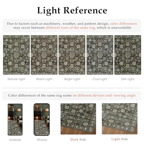PureCozy Rugs Living Room 200x300cm Green Washable Non Slip Large Vintage Area Bedroom Rug Bedside Nursery Lounge Office Playroom Indoor Big Carpet Low Pile Carpets Retro