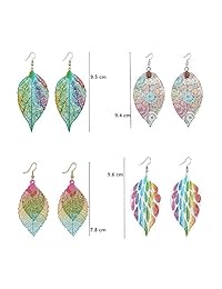 4 Pairs Hollow Printed Leaves Dangle Earrings,Vintage Hook Drop Earrings for Women Fashion Jewelry Bohemia Earrings