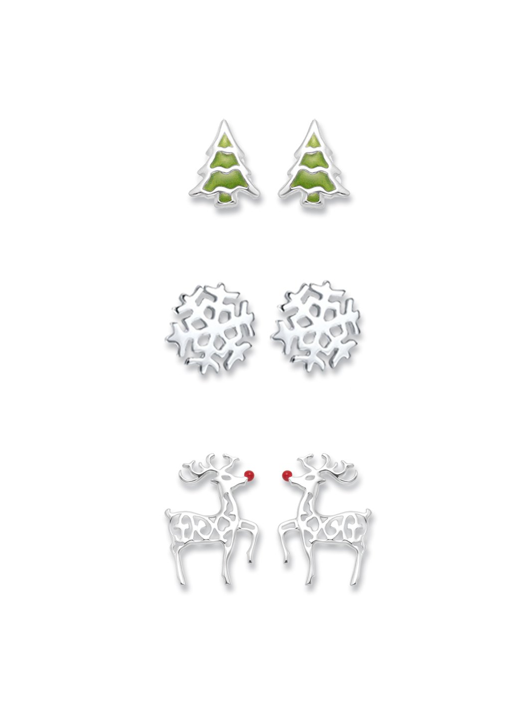 Heather Needham Sterling Silver Christmas Earrings set: Christmas tree, Rudolph Red nosed reindeer MUCH SMALLER THAN SHOWN. 7mm-10mm.Gift boxed 04550set