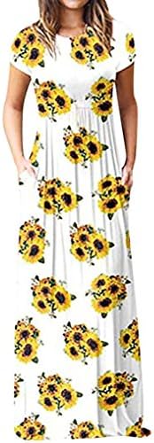 Summer Plain Dress, Women's Casual Short Sleeves Crewneck Side High Split Loose Long Maxi Dress Midi Solid Color Tunic Blouse